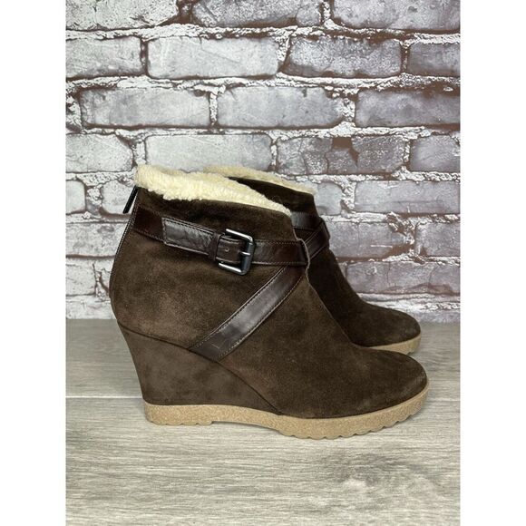 Aquatalia Brown Suede Faux Fur Strap Ankle Wedge Booties Women’s Sz 10M US/41EU - Picture 1 of 16